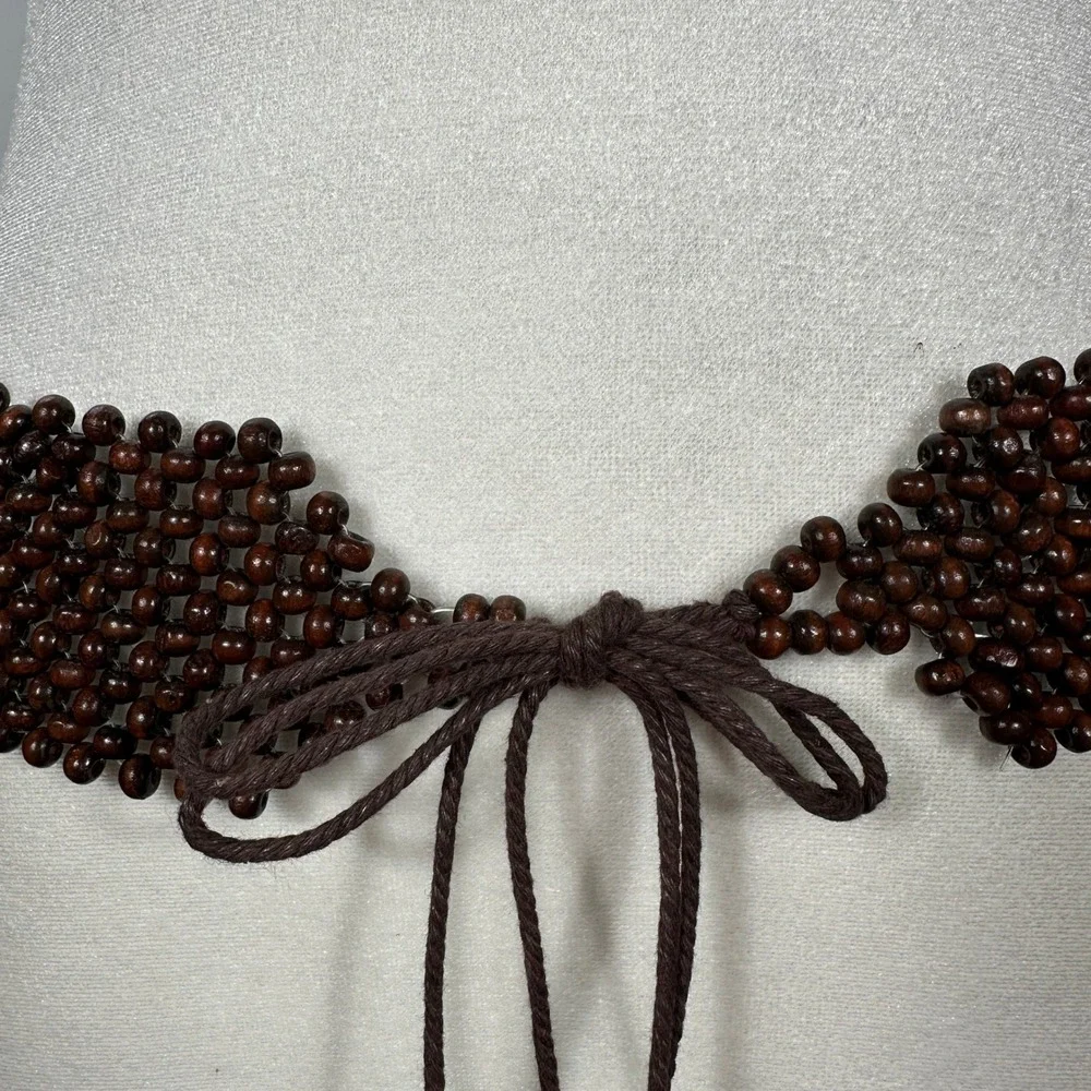 Vintage Brown Wooden Bead Wide Tie Belt Woven Boho Hippie Adjustable Waist